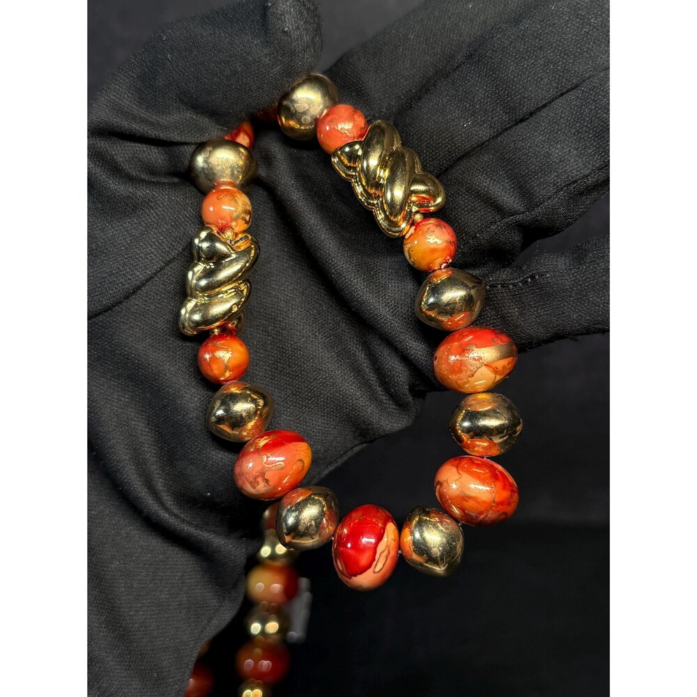 Marie Cartou for Arthur David Red Orange Gold Tone Beaded Necklace 29.75"